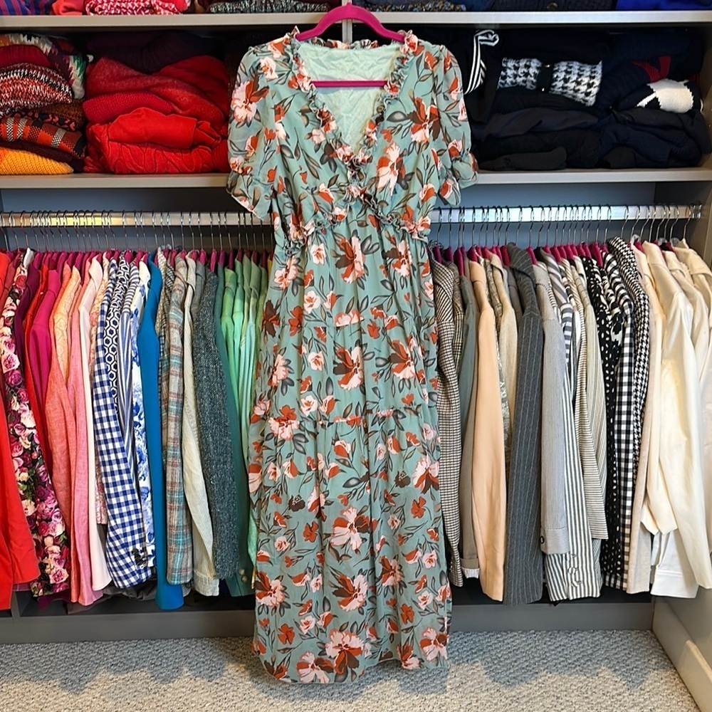 Unbranded dark sage/orange floral short sleeve lined maxi dress size M